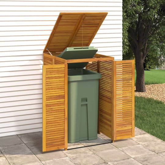 Wooden garbage bin shed with open lid and doors, showcasing a hidden green waste bin in a garden setting.