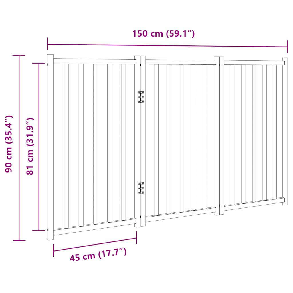 Diagram of Dog Gate Foldable 3 Panels 150 cm Solid Wood Fir with measurements in centimeters and inches.