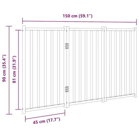 Diagram of Dog Gate Foldable 3 Panels 150 cm Solid Wood Fir with measurements in centimeters and inches.