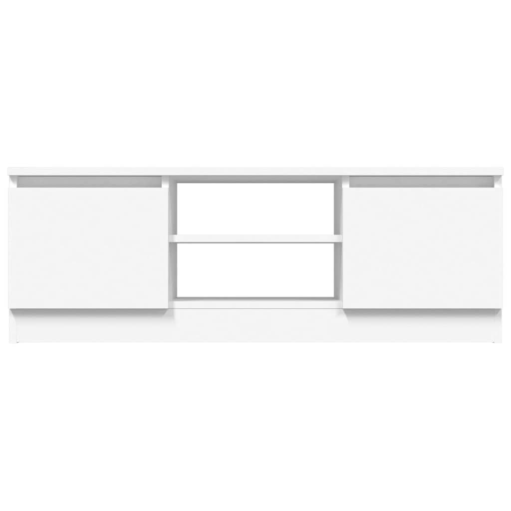 White TV cabinet with two doors and open shelves, ideal for stylish and functional media storage. Perfect for modern furniture decor.