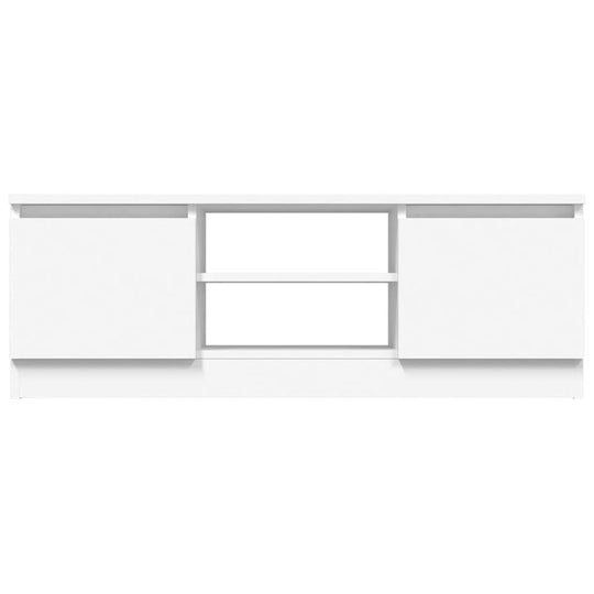 White TV cabinet with two doors and open shelves, ideal for stylish and functional media storage. Perfect for modern furniture decor.