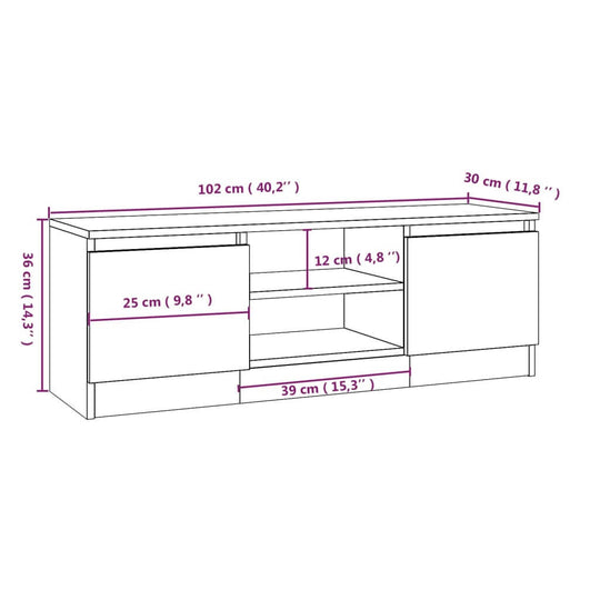 TV cabinet dimensions 102x30x36 cm with labeled compartments for optimal storage and organization. Ideal for living room setups.