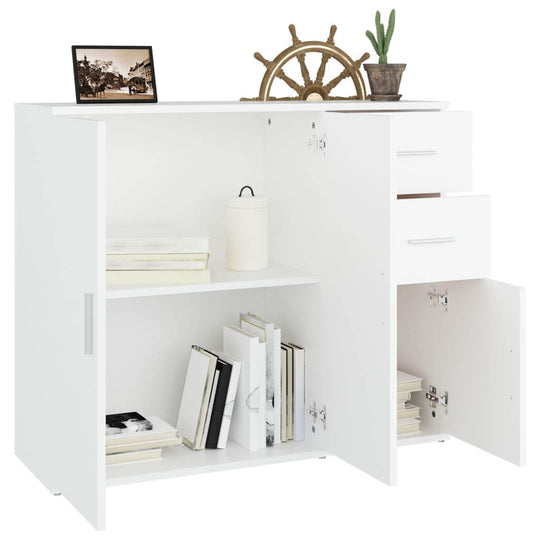 Classic white sideboard made of engineered wood with ample storage space and decorative items on top.