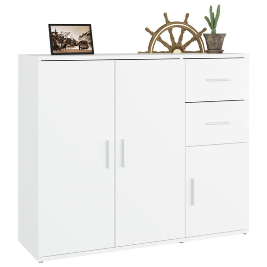 White engineered wood sideboard with storage, featuring sleek design and decorative items on top.