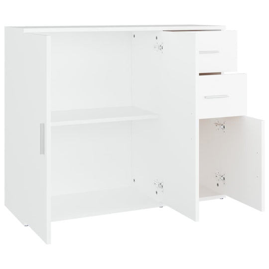 White sideboard with two drawers and open shelf, made of engineered wood, 91x29.5x75 cm for ample storage and organization.