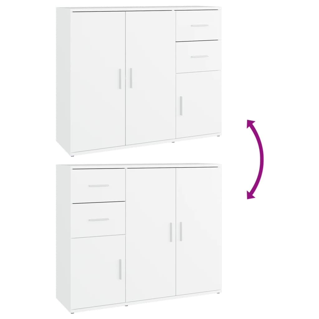 White sideboard with adjustable design, featuring cabinets and drawers for versatile storage solutions.