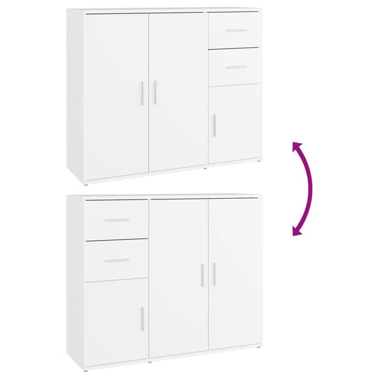 White sideboard with adjustable design, featuring cabinets and drawers for versatile storage solutions.