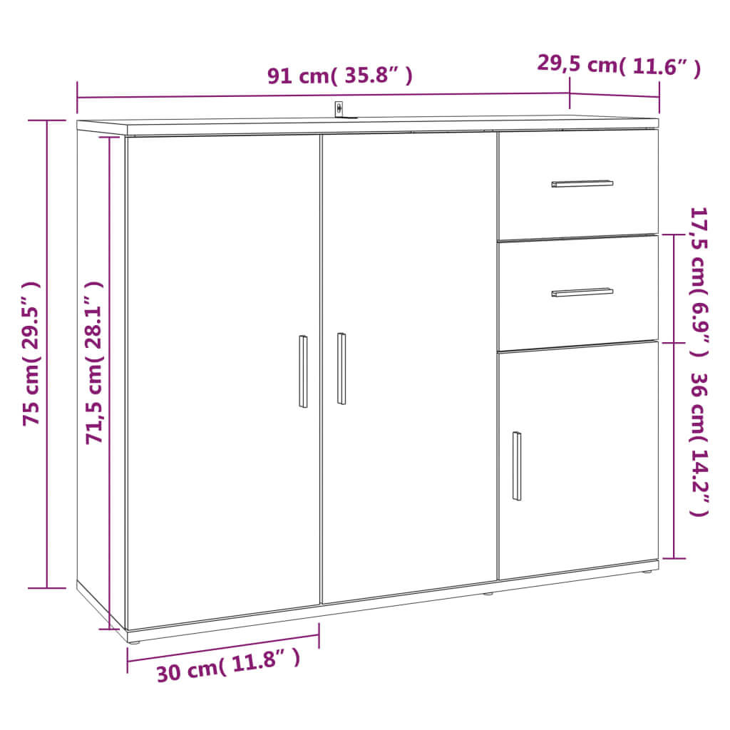 Sideboard dimensions of 91x29.5x75 cm in engineered wood, showcasing ample storage and a sleek design for home organization.