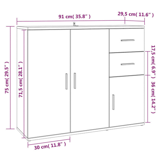 Sideboard dimensions of 91x29.5x75 cm in engineered wood, showcasing ample storage and a sleek design for home organization.