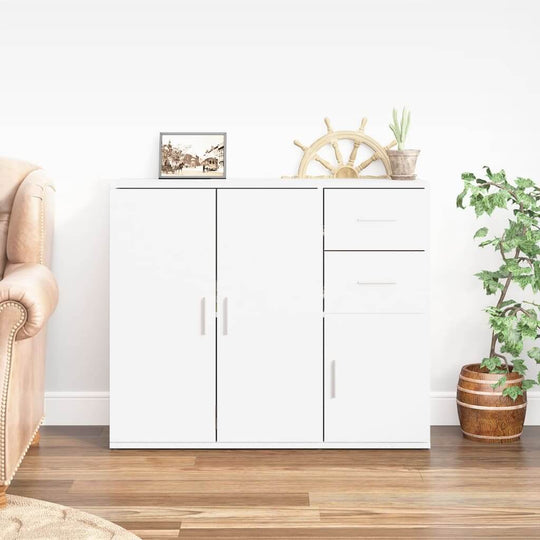 Classic white sideboard with multiple drawers and cabinets, perfect for home storage and organization.