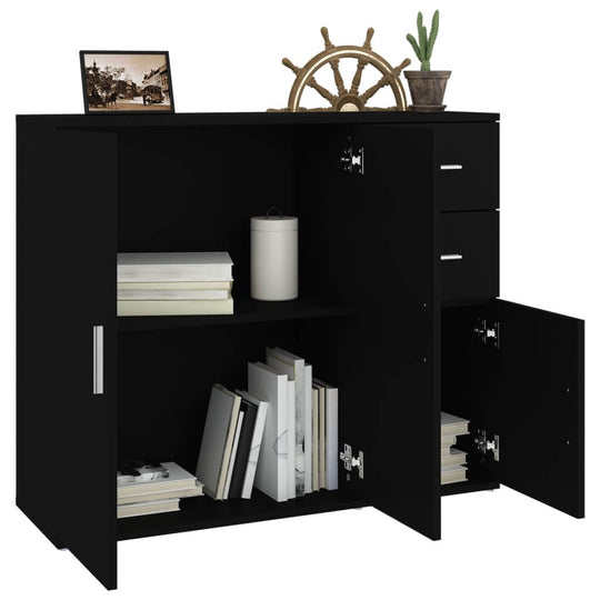 Sideboard 91×29.5×75 cm – Engineered Wood Storage Cabinet with open shelves displaying books and decor in classic black.