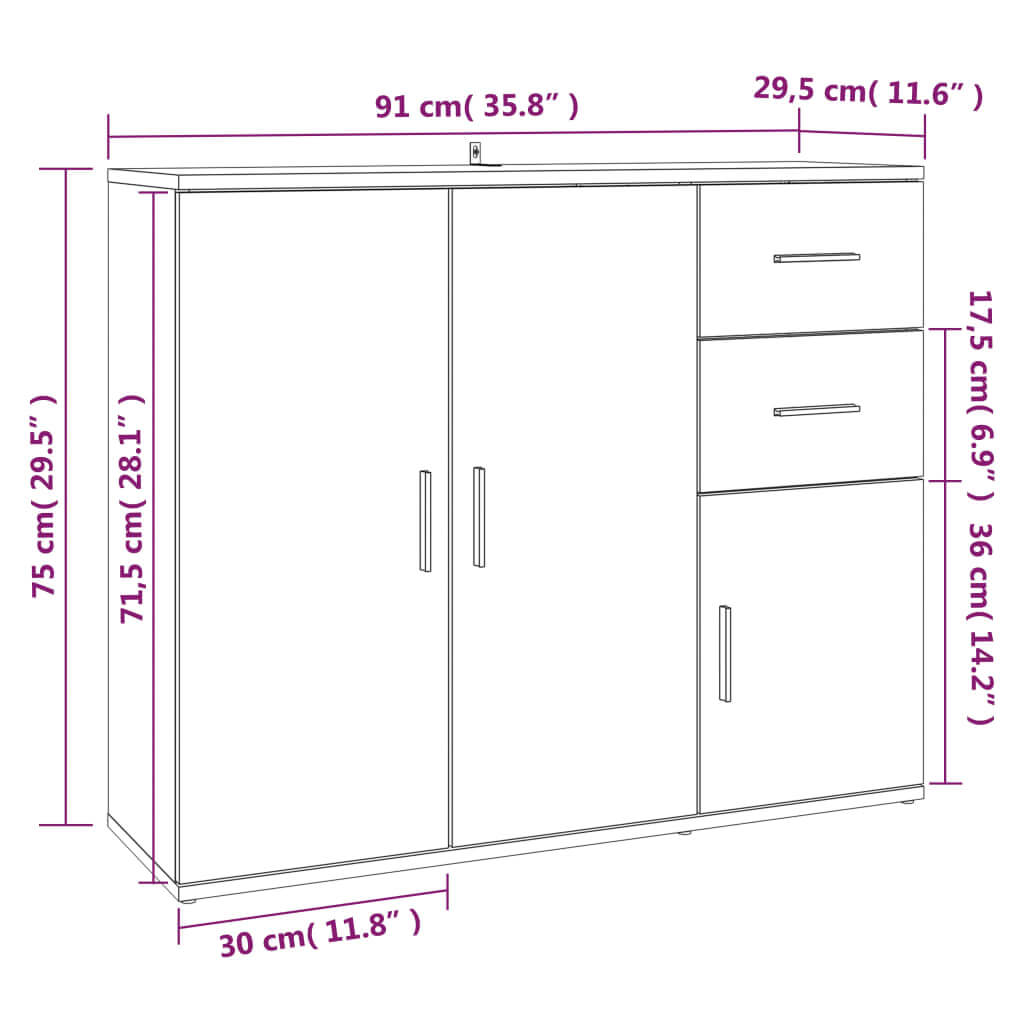 Dimensions diagram of Sideboard 91×29.5×75 cm – Engineered Wood Storage Cabinet showing height, width, and depth.