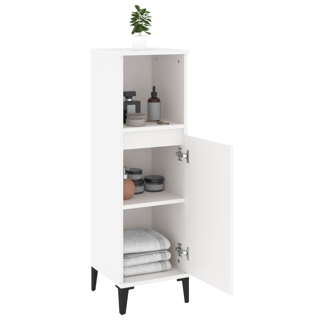 White bathroom cabinet 30x30x100 cm, featuring open and closed storage compartments, perfect for organizing toiletries and towels.