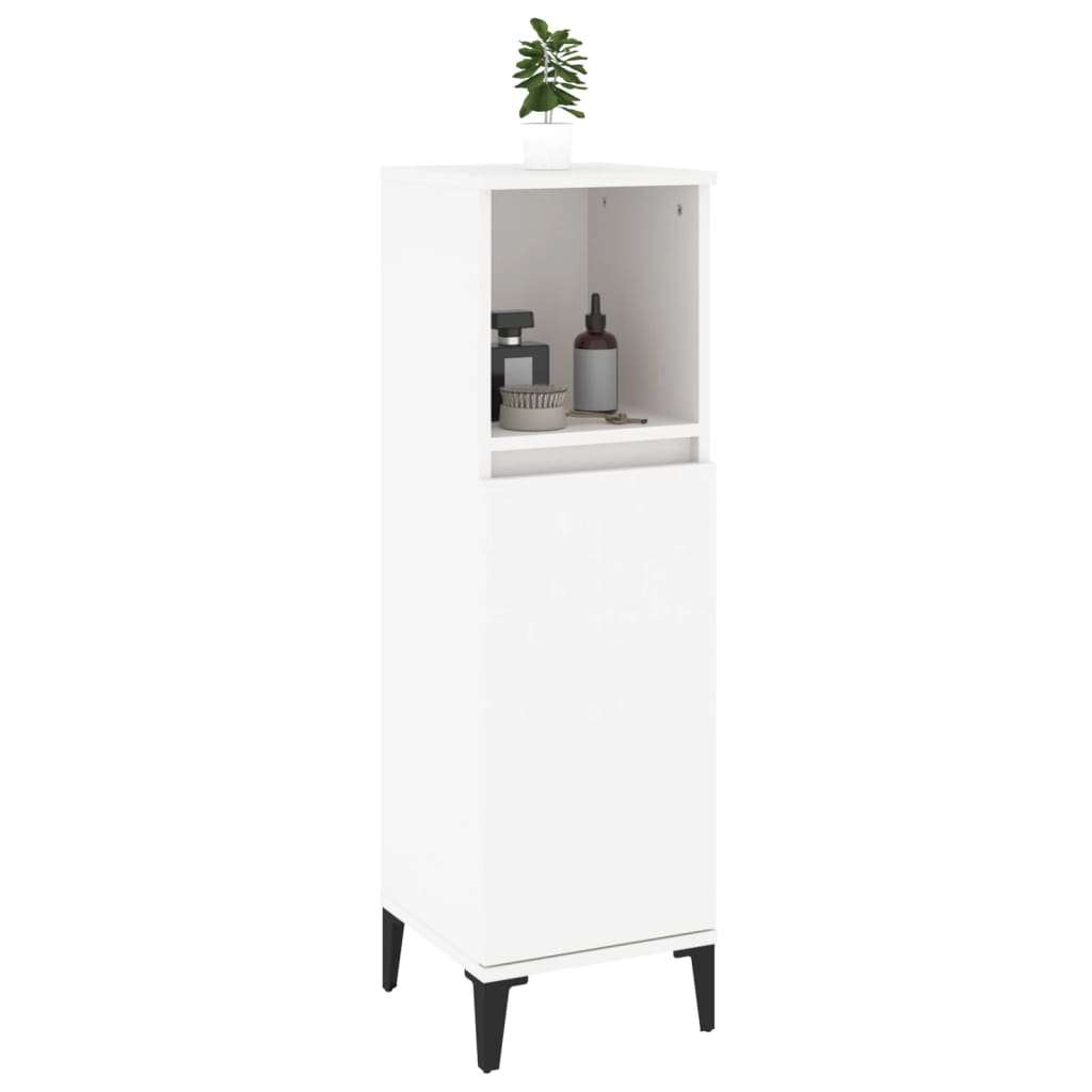 Bathroom cabinet in white engineered wood with open and closed storage compartments, topped with a small green plant.