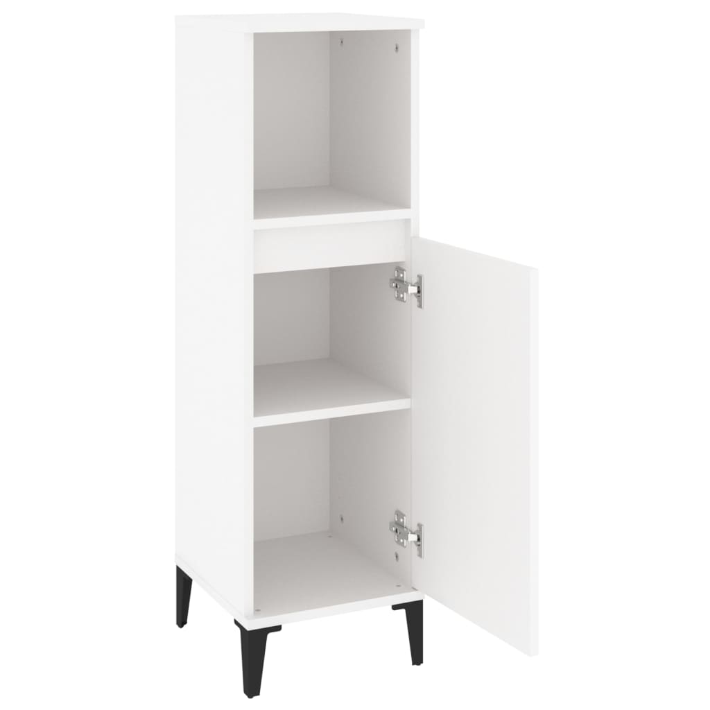 White bathroom cabinet with open compartment and two doors, made of engineered wood for organized storage. 30x30x100 cm size.