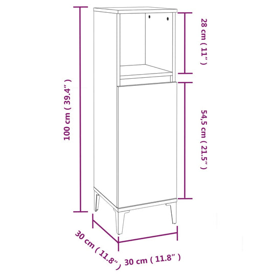 Bathroom cabinet dimensions illustration 100x30x30 cm, showcasing engineered wood structure and compartment layout.