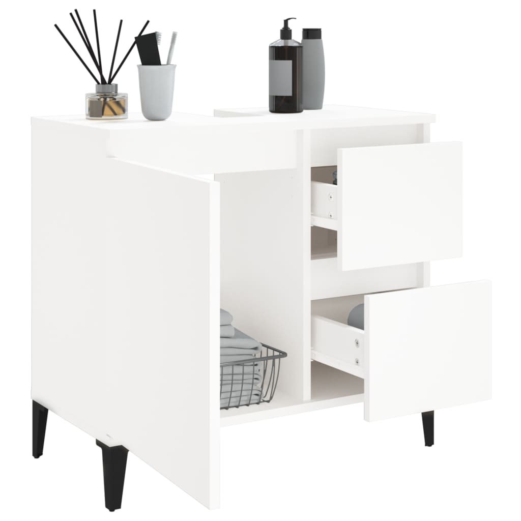 White bathroom cabinet with drawers and storage space, made of engineered wood, perfect for organizing your bathroom.