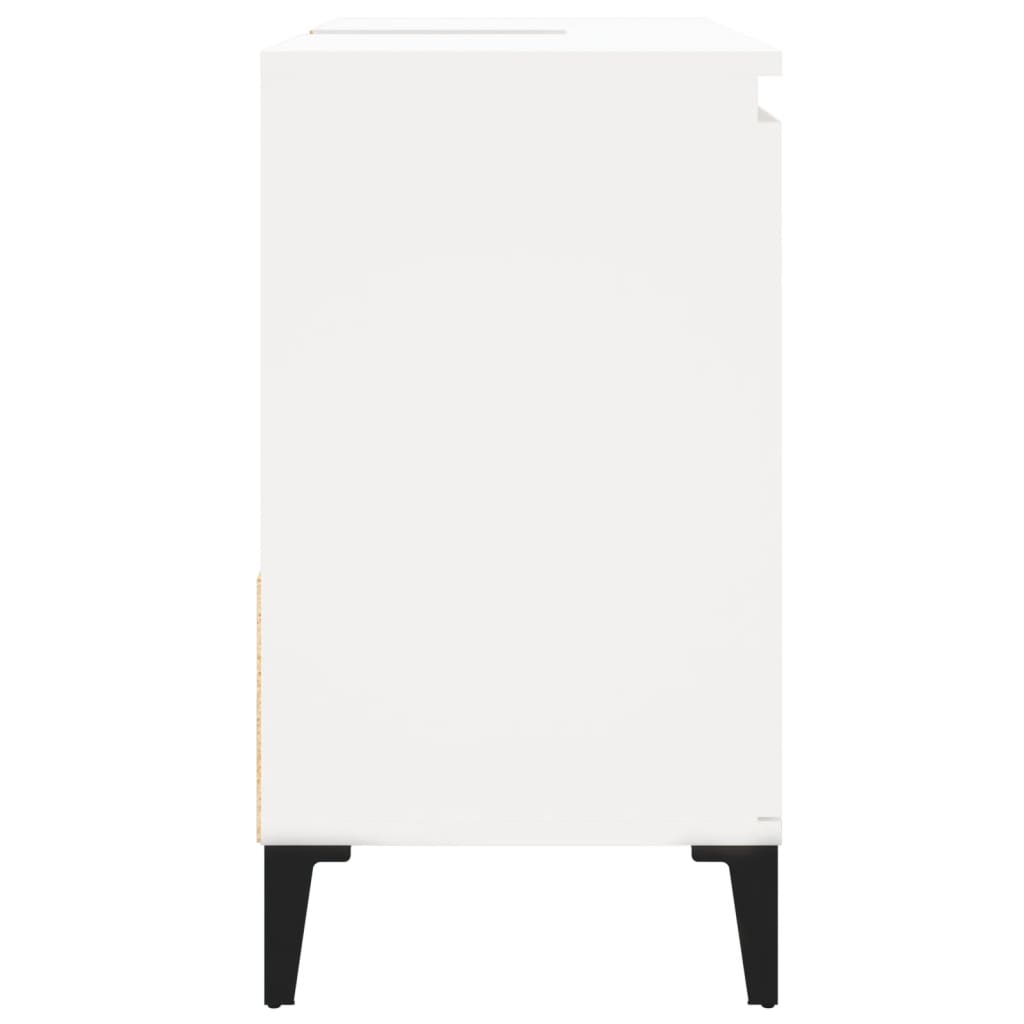 White bathroom cabinet in engineered wood, featuring sleek design and modern legs, ideal for organized storage.