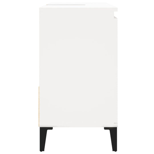 White bathroom cabinet in engineered wood, featuring sleek design and modern legs, ideal for organized storage.