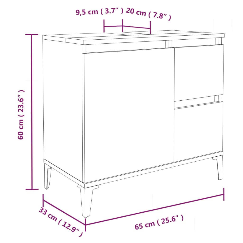 Bathroom cabinet dimensions: 65x33x60 cm, featuring 2 drawers and 1 door compartment, engineered wood design.