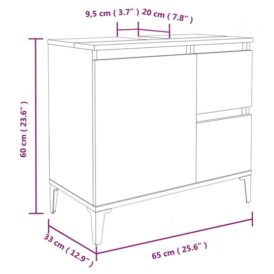 Bathroom cabinet dimensions: 65x33x60 cm, featuring 2 drawers and 1 door compartment, engineered wood design.