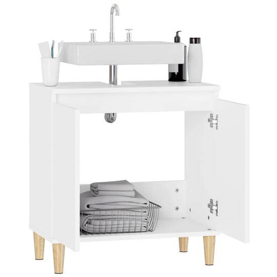 White sink cabinet with engineered wood, spacious storage, and elegant design for bathroom organization.