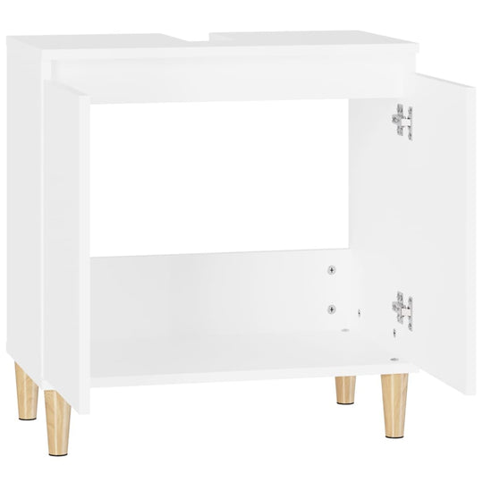 White 58x33x60 cm sink cabinet in engineered wood with open storage and stylish wooden legs, perfect for bathroom organization.