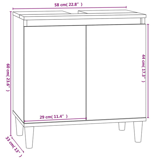 Diagram of a white sink cabinet (58x33x60 cm) with dimensions labeled, showcasing engineered wood design for bathrooms.