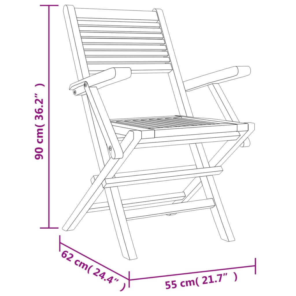 Dimensions of a folding garden chair in solid teak wood, measuring 55x62x90 cm, with a stylish slatted design.