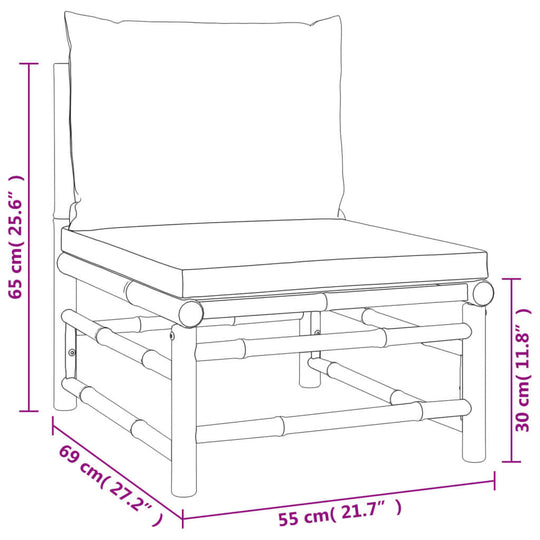 Dimensions of a bamboo garden lounge chair with light grey cushions, showing measurements for outdoor sofa design.
