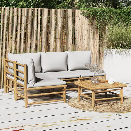 5 Piece Garden Lounge Set with Light Grey Cushions Bamboo