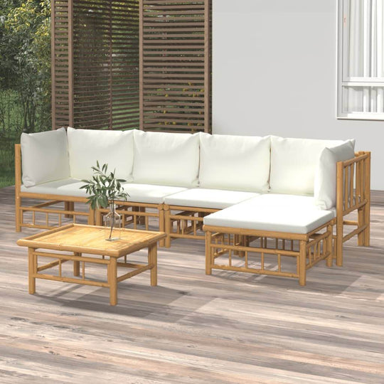 6 Piece Bamboo Garden Lounge Set with cream white cushions and table, stylish outdoor seating for 6 people, perfect for Dubai gardens, villas, and hotels.