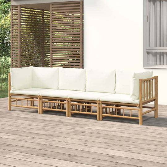 4 Piece Garden Lounge Set with Cream White Cushions Bamboo