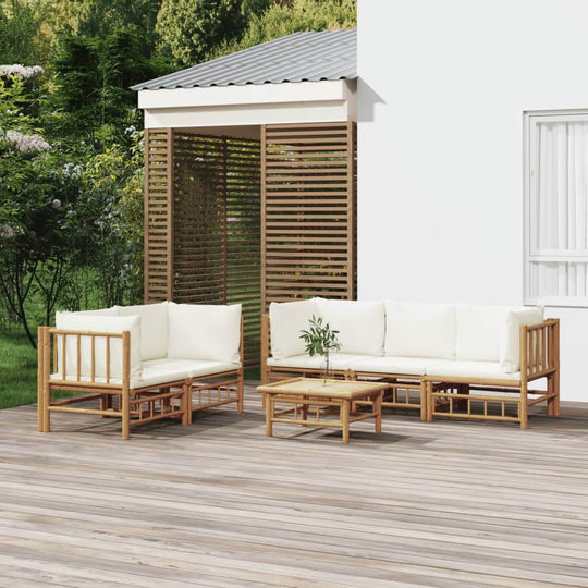 Garden Lounge 6 Piece  Set with Cream White Cushions Bamboo
