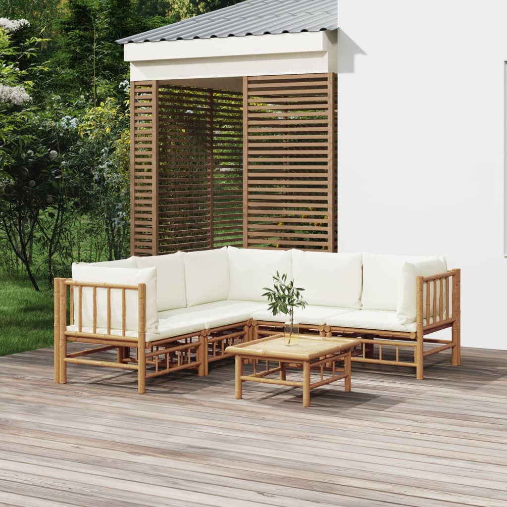 6 Piece Garden Lounge Set with Cream White Cushions Bamboo , Furniture -> Outdoor Furniture -> Outdoor Furniture Sets , Chairs -,Durable,Furniture -,Home & Garden -,Modern Design,new-305021,Outdoor Furniture -,Outdoor Furniture Sets,Outdoor Seating -,Tabl