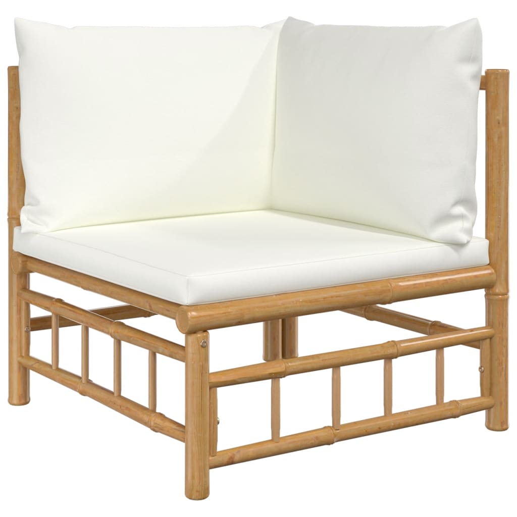 Stylish bamboo corner seat for outdoor lounge set with cream white cushions, perfect for garden sofa relaxation.