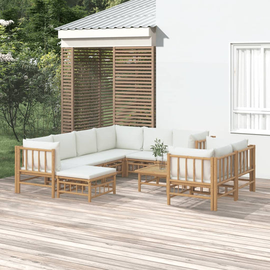 10-piece garden lounge set featuring comfortable cream white cushions, perfect for outdoor relaxation.