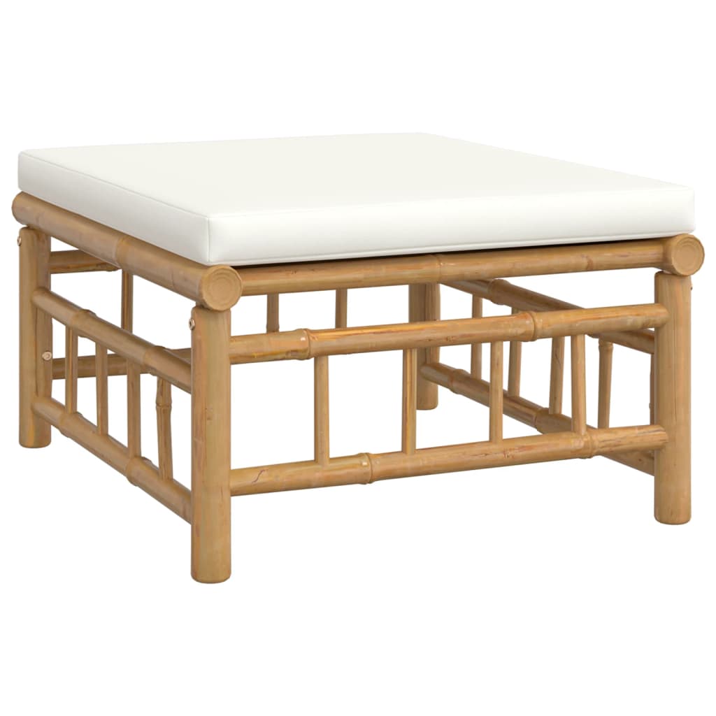 Cream white cushioned bamboo lounge table, perfect for outdoor furniture and garden seating.