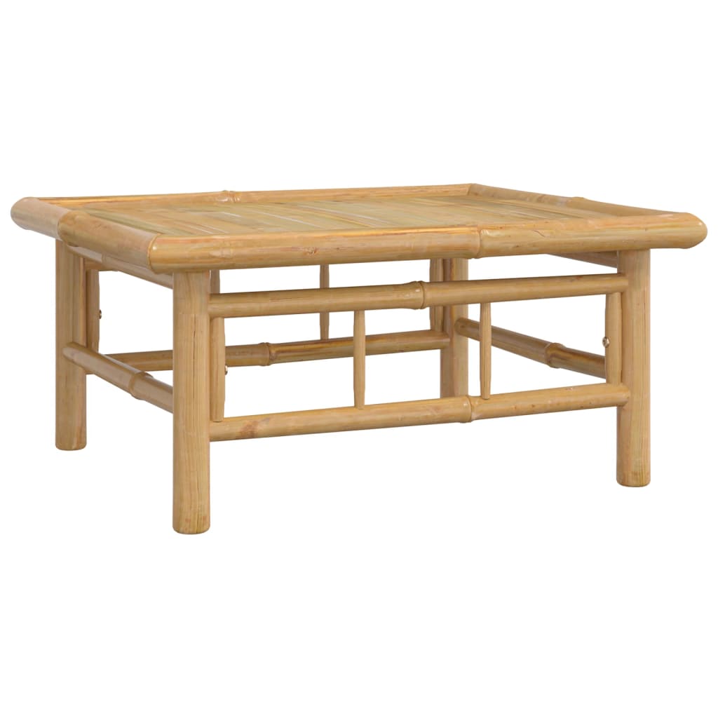 Elegant bamboo coffee table for outdoor seating, perfect for a lounge set with cream cushions, durable and stylish outdoor furniture.