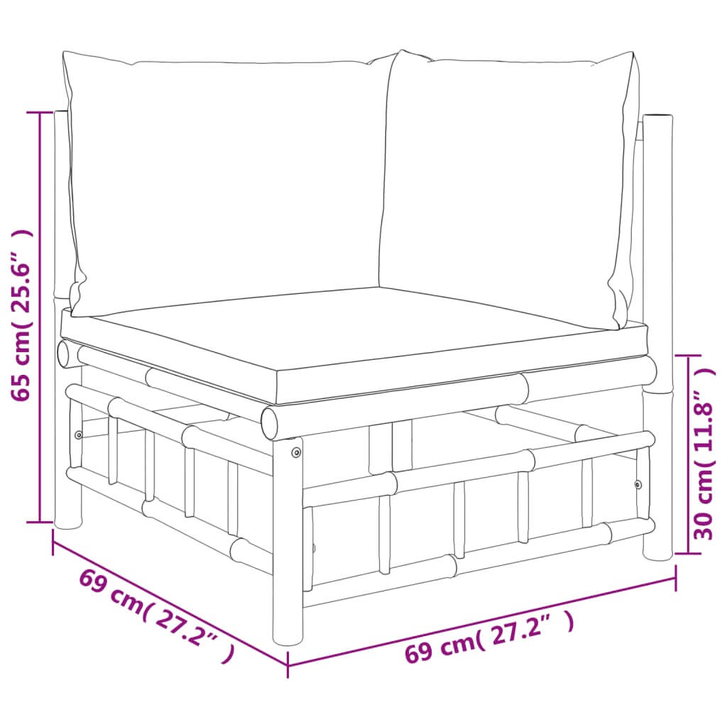 Detailed dimensions of a bamboo garden lounge chair with cream white cushions, showcasing its modern outdoor furniture design.