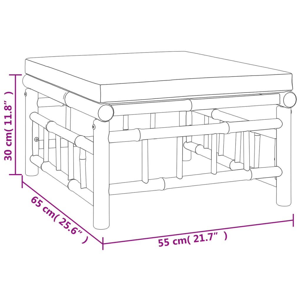 Dimensions of bamboo lounge table with cream cushion, measuring 30cm height, 65cm width, and 55cm depth for outdoor furniture.