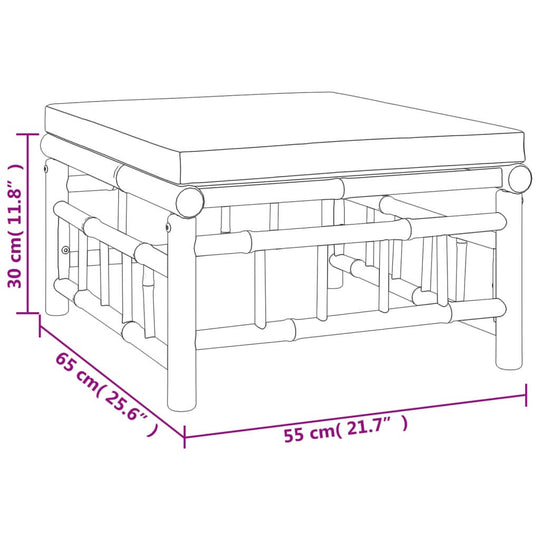 Dimensions of bamboo lounge table with cream cushion, measuring 30cm height, 65cm width, and 55cm depth for outdoor furniture.