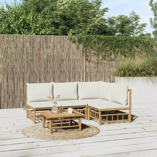 5 Piece Garden Lounge Set with Cream White Cushions Bamboo