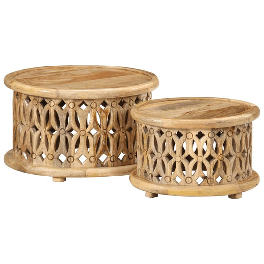 Distinctive 2 piece coffee table set made of solid mango wood with intricate cut-out design and smooth tops. Perfect for retro interiors.