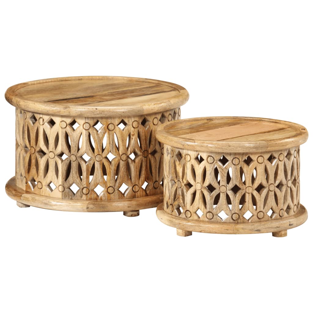 2 piece coffee table set made of solid mango wood with intricate carved designs and smooth surfaces, perfect for retro-style interiors.