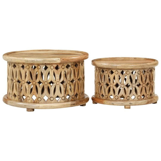 Two-piece coffee table set featuring intricately carved wooden design, showcasing natural finishes and diverse heights.