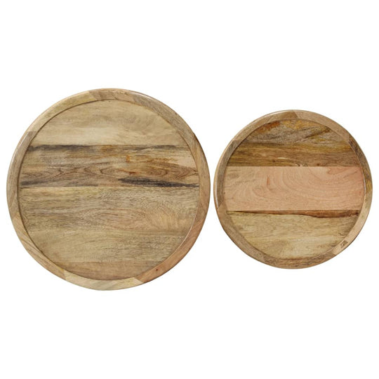 Two round wooden serving trays made from mango wood, showcasing natural grain patterns and rustic charm.