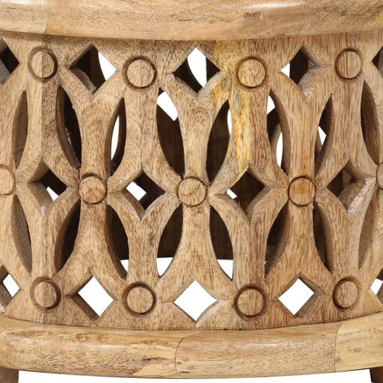 Intricate wooden carving details on a solid mango wood piece, showcasing retro-inspired design and craftsmanship.