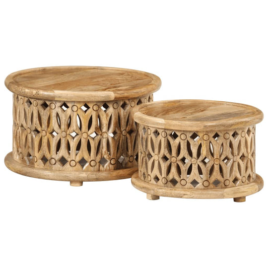 2 piece wooden coffee table set with intricate carvings made from solid mango wood, showcasing retro style and unique design.