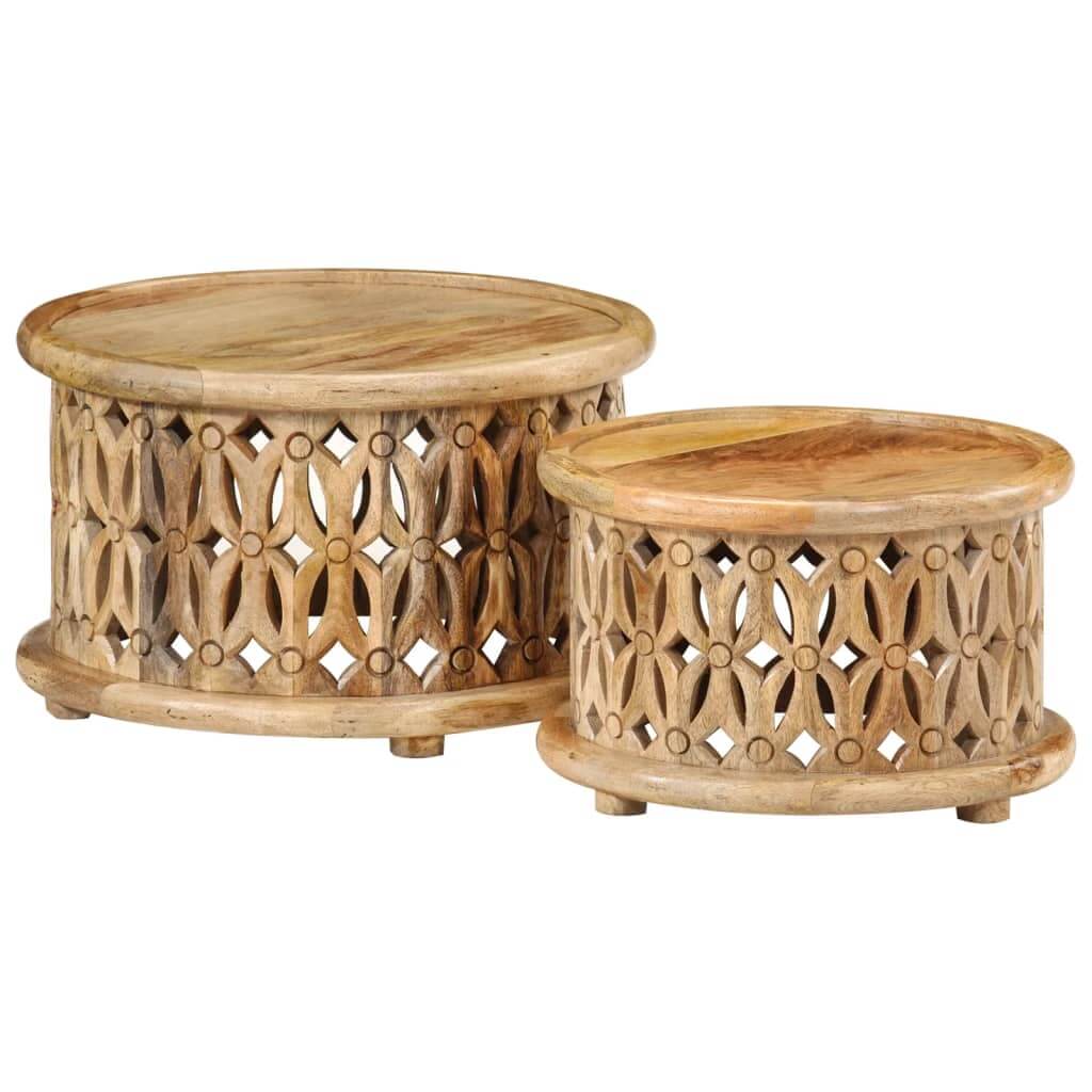 2 piece coffee table set with intricate cut-out design, crafted from solid mango wood, showcasing natural wood grains.